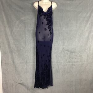 Victoria's Secret Slip Silk Blend Sheer Velvet gown Dress Navy Blue Burnout XL
